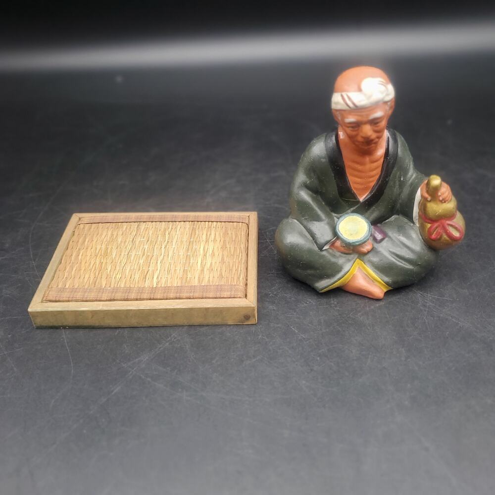 Vintage Asian Seated Man Figurine Holding Gourd Cup Woven Wood Base